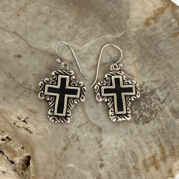 Sterling Silver 925 1.41" Black Enamel Scrollwork Cross Dangle Earrings 11g - Picture 5 of 16